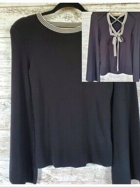 Olivia Warren Bell Sleeve Lace Up Tie Back Rib Knit Crew Neck Sweater Black